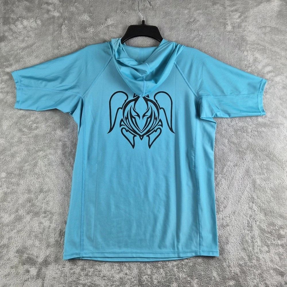 SeaHawaii Monskin Rashguard Medium Blue Hooded Short Sleeve Turtle Beach Surfer